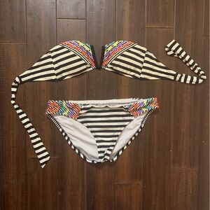 Nanette Lepore Black & White Striped Bikini with Colorful Embroidered Trim